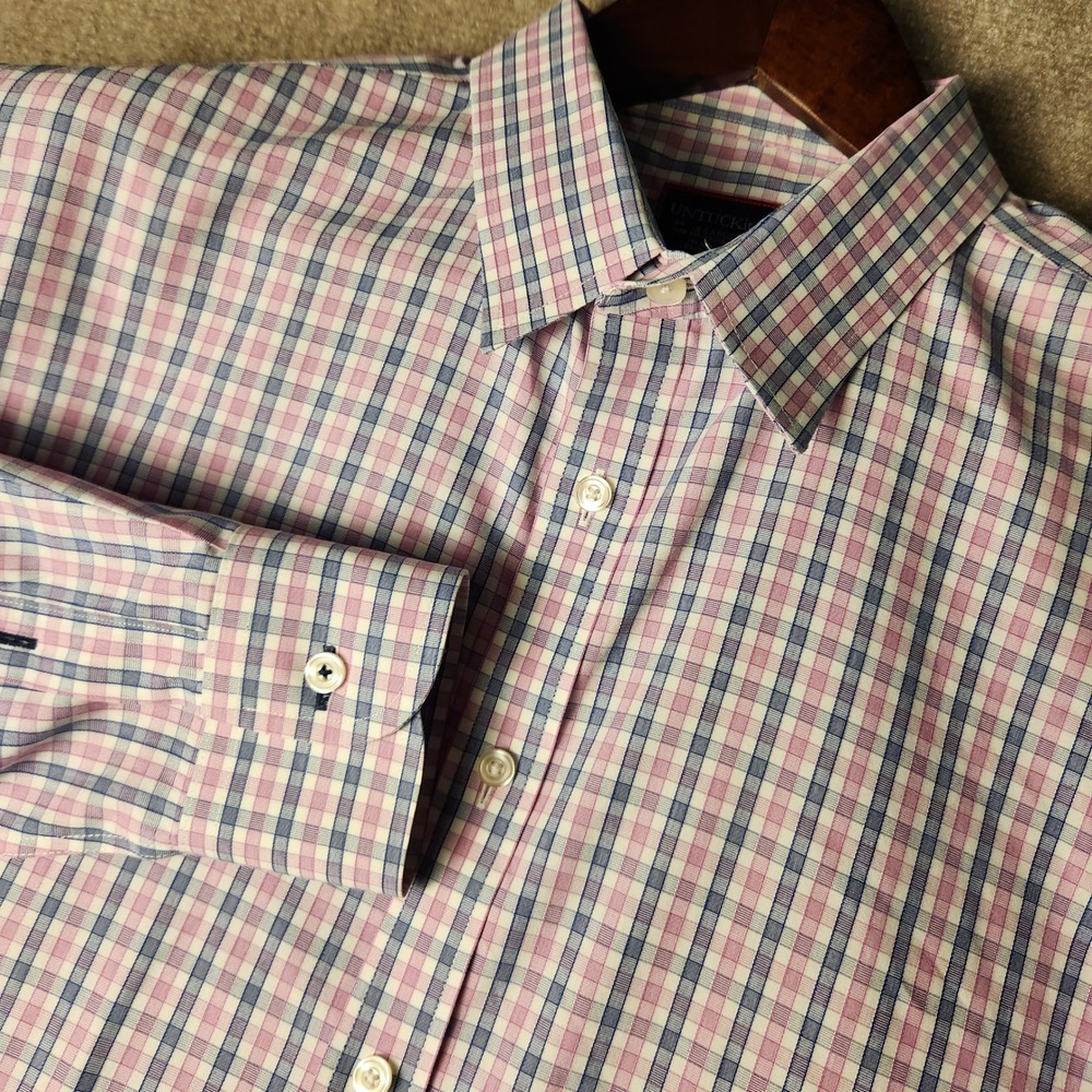 UNTUCKit Button Down Mens XL Pink Blue Plaid Slim Fit Wrinkle Free Cotton Shirt